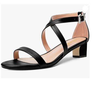 FOWT Black Open Toe Sandals Chunky Low Heels Cross Ankle Strap Casual Party Shoe